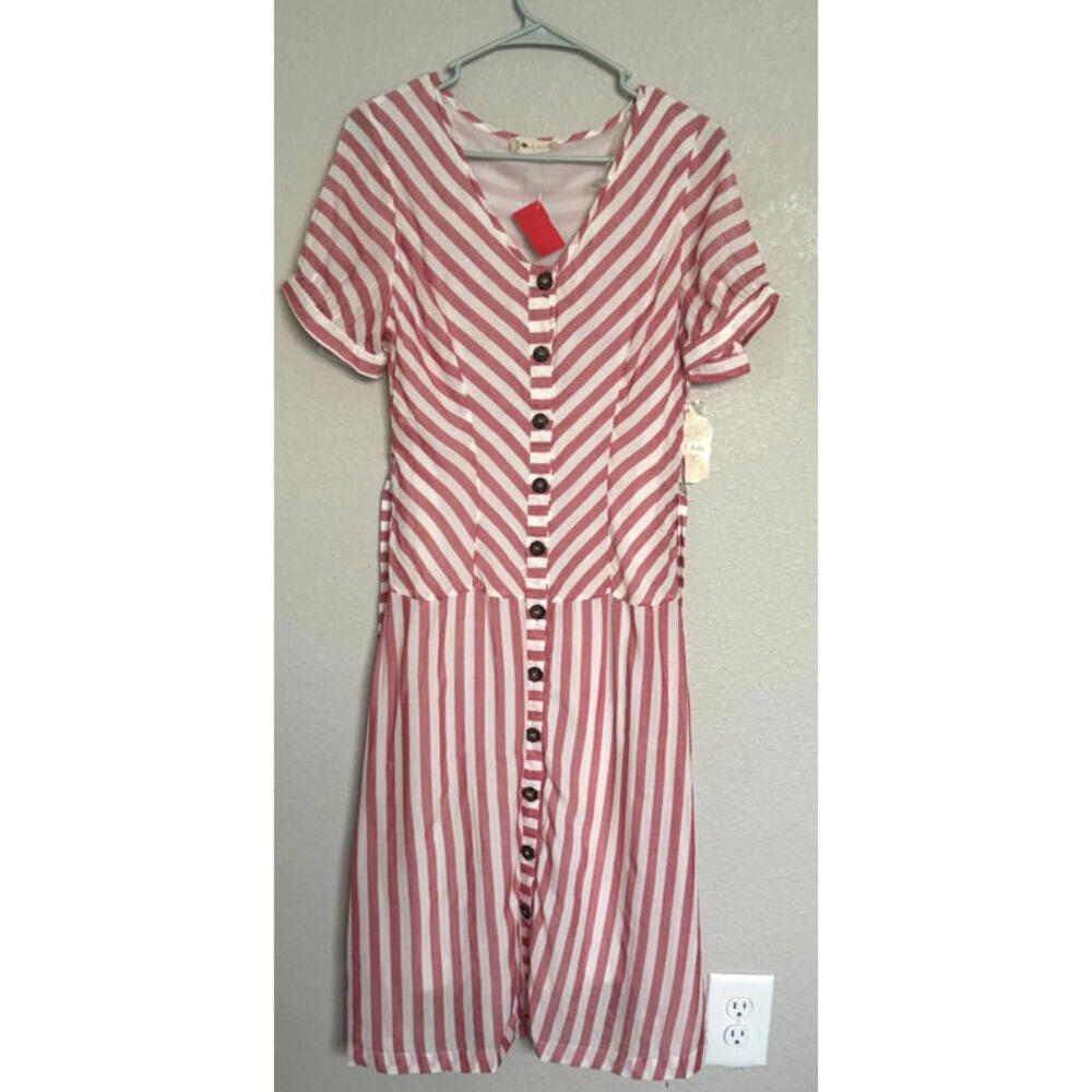 NWTAltard State Red White Striped Button Front Midi Dress M Short‎ Sleeve Belted